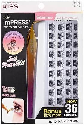 KISS imPRESS Falsies Self Adhesive Eyelashes, Press On Lashes, 12mm-14mm Glam Volume Lashes, Black, No Glue Needed, Invisible Band, 36 Lash Clusters & Non-Stick Applicator - Voluminous