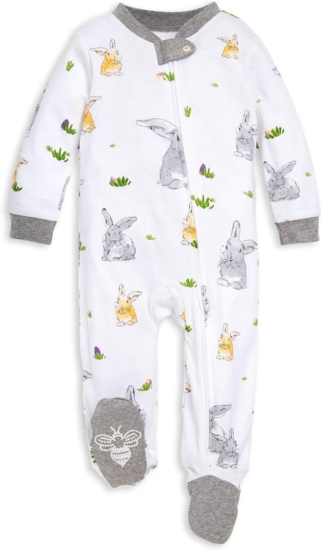 Burt's Bees Baby Baby Girls Pajamas, Zip Front Non-Slip Footed Sleeper Pjs, 100% Organic Cotton (Newborn, Bunny Trail)