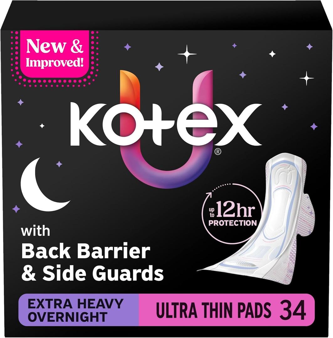 Kotex Ultra Thin Overnight Pads with Wings, Extra Heavy Absorbency, 34 Count 