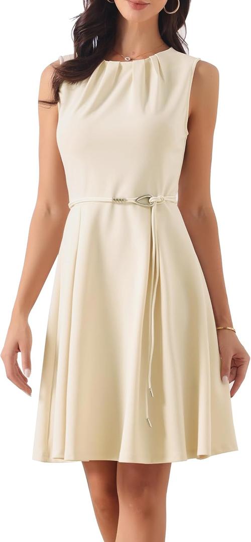 Allegra K Work Dresses for Womens Elegant Sleeveless Pleated Crew Neck Tie Waist A-line Business Casual Dress