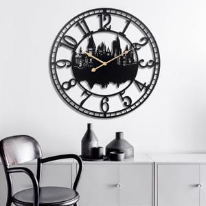 Wall Clock for Living Room Decor-26 Inch Battery Operated Large Wall Clocks Silent Non-Ticking for Bedroom Kitchen-Metal Black Castle Design for Home Decor