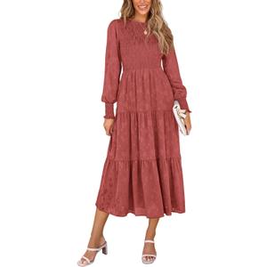 PRETTYGARDEN Women's Fall Spring Midi Dress Long Sleeve Floral Smocked Elegant Wedding Guest Long Flowy Dresses with Pockets (Large, Bean Paste Red)
