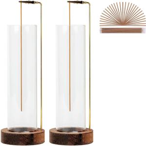 Incense Holder for Sticks, Anti-Ash Flying Incense Burner with 30 Incense Sticks, Detachable Glass Ash Catcher (Wood, Brown-2Pcs)