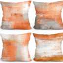 Burnt Orange Throw Pillow Covers Set of 4, Orange Artistic Brushstroke Design Throw Pillows Square Cushion Covers, Modern Abstract Art Decorative Pillows for Couch Sofa Living Room Bedroom,18x18 Inch