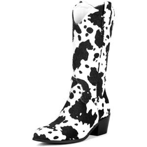 Cozivwaiy Women Mid Calf Cowboy Boots Chunky Heel Half Boot Cow Print Western Boots Plus size (US-12.5)