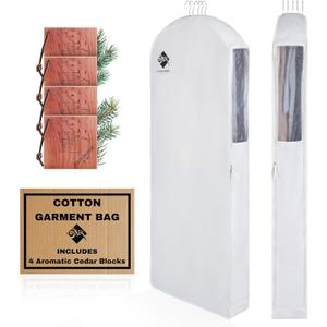 Premium 60 Cotton Garment Bag For Hanging Clothes And Storage | Wide 6 Gusset & 4 Cedar Blocks For Fresh Smell And Clothes Protection | Best For Fur Coats, Long Dresses, Gowns, Tuxedos and more
