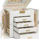 AKOZLIN 5-Tier Jewelry Box Leather Jewelry Storage Organizer with 4 Drawers Lockable for Women Girls Ring Necklace Earring Bracelet Watches Holder with Mirror White (Regular-5 Layer)