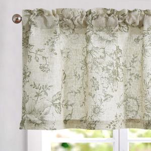 Linen Valance Curtain Farmhouse Sage Green Floral Window Valance for Bedroom, 16 Inch French Country Flower Drapes for Kitchen Light Filtering Window Treatments Rod Pocket 1 Panel