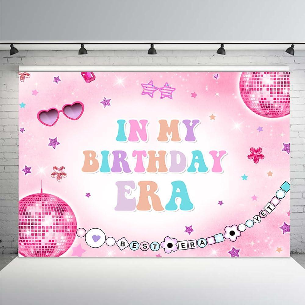 MEHOFOND Girls Birthday Party in My Birthday Era Backdrop Pink Glitter Disco Bachelorette Decorations Birthday Banner Photo Booth Props 7x5ft
