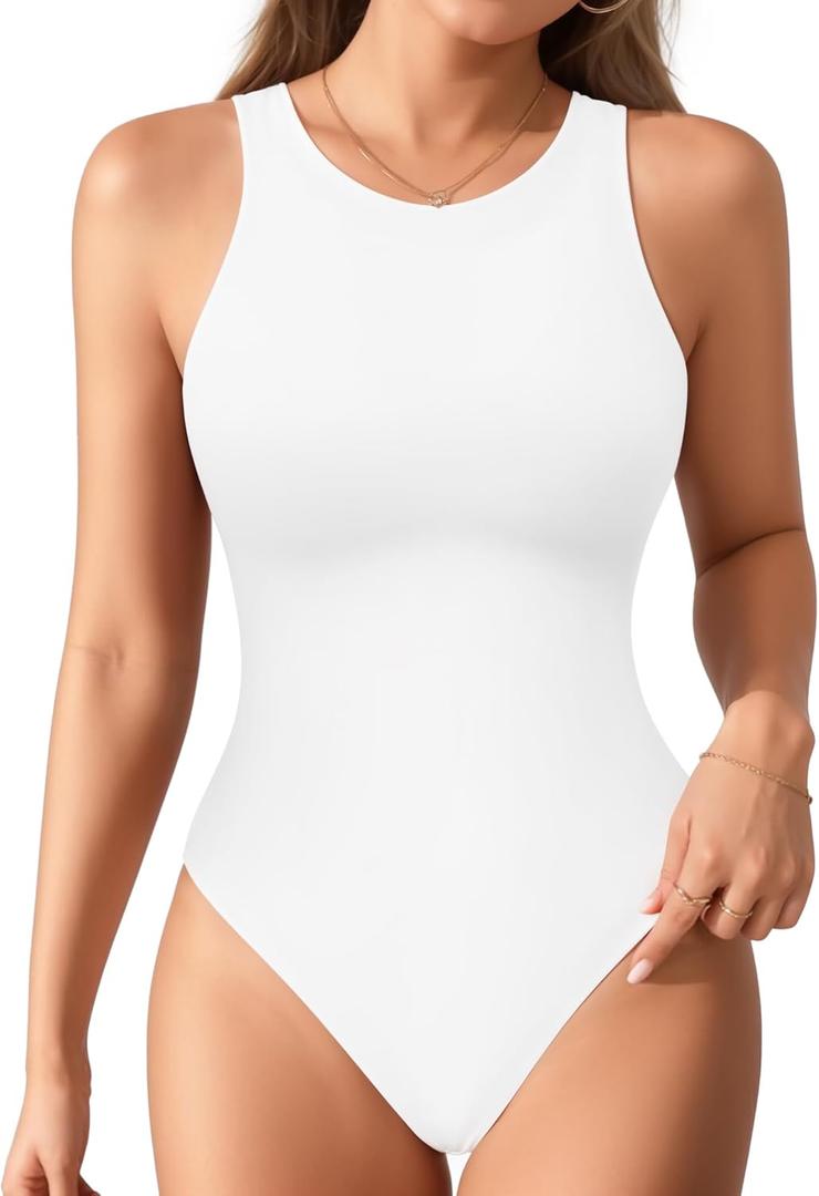 MANGOPOP Women's Tank Tops Bodysuit Double Lined Crew Neck Thong Body Suit Sleeveless Halter Fitted Top (XX-Large, 02 White)