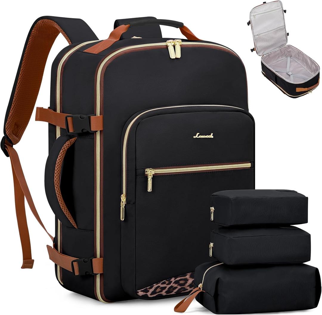 LOVEVOOK Travel Backpack for Women & Men 40L,Airline Approved Carry On Backpack Travel Essentials,TSA Carry on Luggage,Waterproof Personal Item Travel Bag Suitcase,3 Packing Cubes,Black-Leopard print