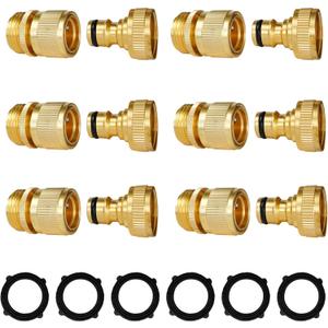 Hourleey Garden Hose Quick Connect, 6 Set Solid Brass 3/4 Inch GHT Thread Garden Hose Quick Connect Fittings, No-Leak Male and Female Water Hose Quick Release Connectors
