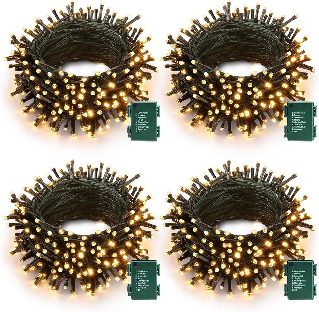 Battery Operated Christmas Lights - 4 Pack Total 66ft 200 LED Battery String Lights 8 Modes Waterproof with Timer for Home, Garden, Party, Holiday, Christmas Tree Decoration (Green Wire, Warm White)