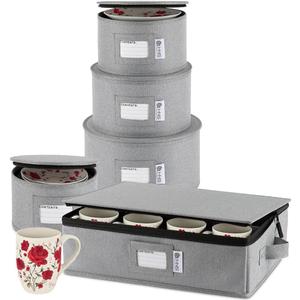 China Storage Hard Shell Containers 5-Piece Set Moving Boxes for Dinnerware, Glasses, Plates, Mugs and Saucers Sturdy Dish Organizer with Dividers for Seasonal Storage - Service for 12 - Gray