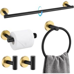 TQKAG Black and Gold Bathroom Accessory Set 5 Pieces, Round Stainless Steel Bath Towel Bar Set 23.6 Inch Towel Racks for Bathroom Wall Mounted