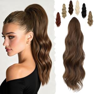 FELENDY 16" Ponytail Extension Long Curly Wavy Ponytails Clip in Claw Hair Extension Pony Tails Natural Looking Synthetic Hairpiece for Women Light Brown