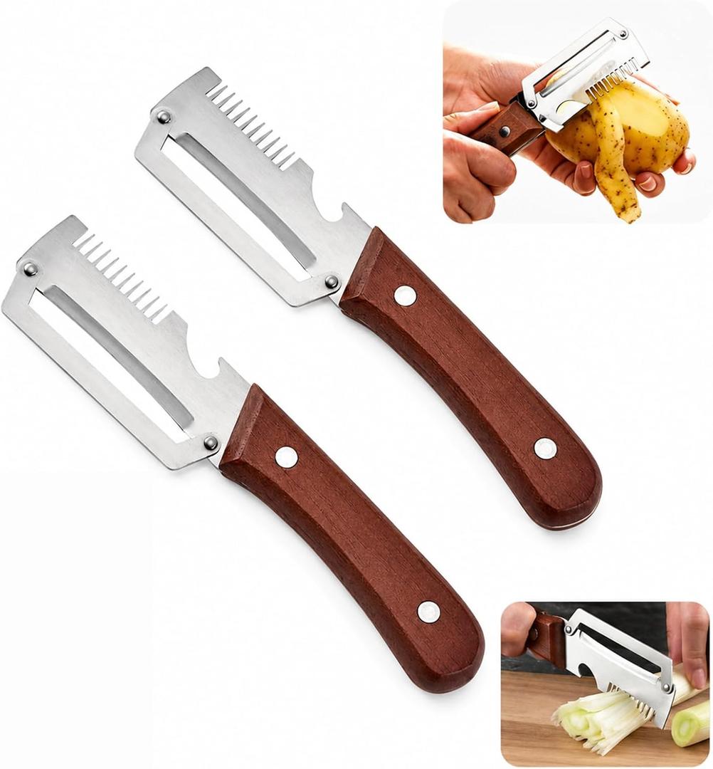 2 Packs Premium Vegetable Peeler with Wooden Handle and Bottle Opener, Multi-Functional Kitchen Gadgets Tool for Fruit Pumpkin Potato Carrot Veggie