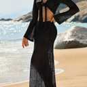 Saodimallsu Womens Crochet Swim Cover Up 2 Piece V Neck Long Sleeve Wrap Tie Crop Tops Beach Boho Maxi Coverup Set (Black), M