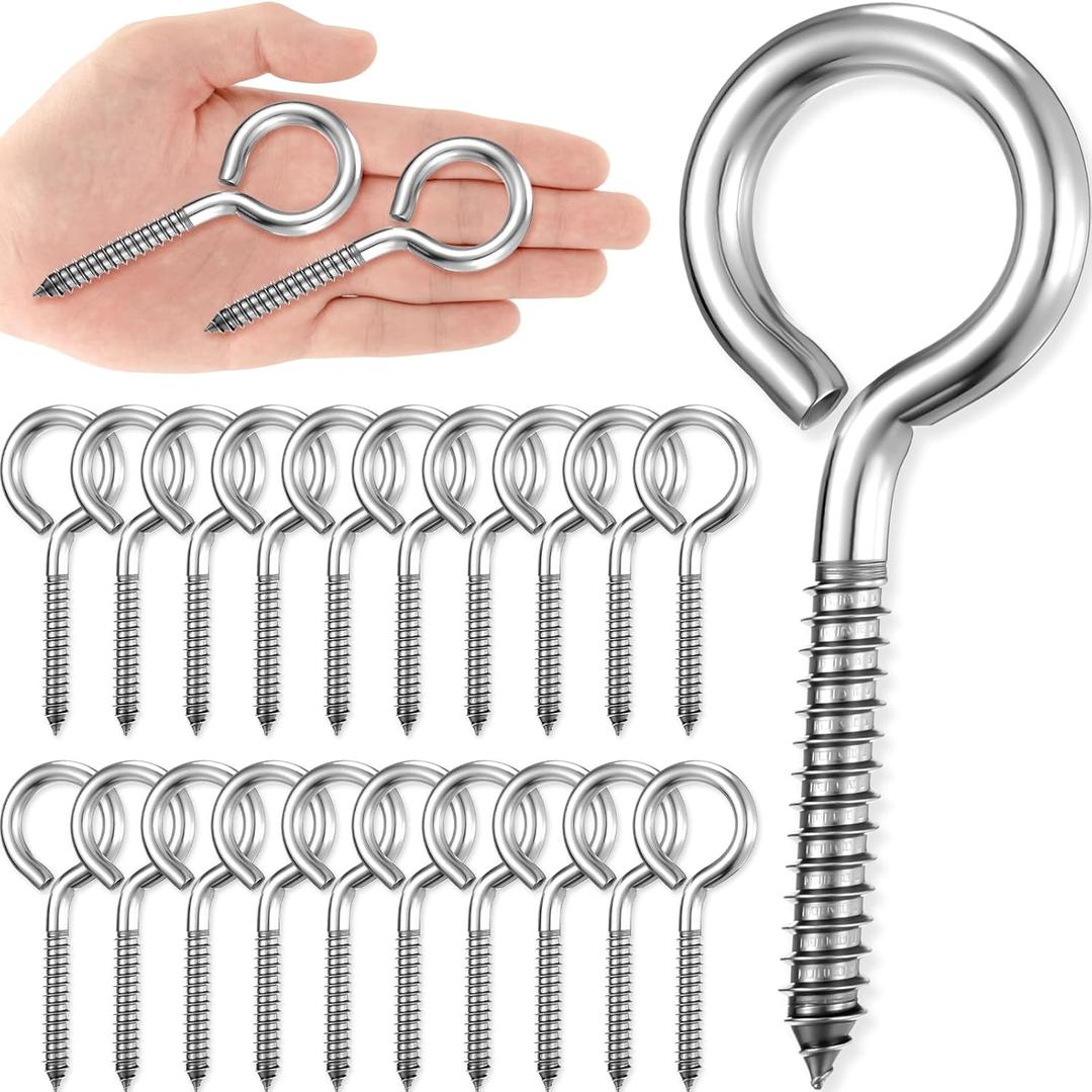 20 Pcs 304 Stainless Steel Screw Eye Hooks, Heavy Duty Eye Bolt with 200lb Load Bearing, Rust Resistant Self Tapping Hooks for Securing Cables/Wire on Wood Indoor Outdoor (M8-4 Inch)