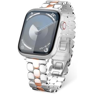 Compatible with Apple Watch Band 41mm 40mm 38mm 45mm 44mm 42mm Women,Cute Stainless Steel Metal iWatch Band for iWatch Series 9/SE/SE2/8/7/6/5/4/3/2/1,Pretty Shiny Look (Silver Rose Gold)