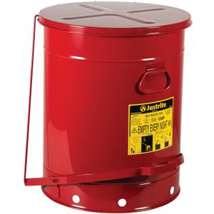Justrite 21 Gallon Galvanized Steel Oily Waste Can, 23.5" x 18" Metal Oil Rag Safety Can with Quiet Foot Operated Self-Closing Lid for Oil Rag Disposal, Made in The USA, Red, 09708