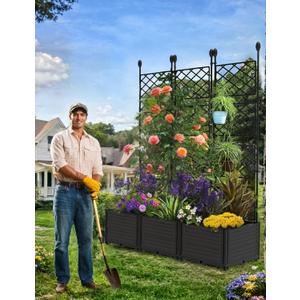 CABIHOME Planter Box with Trellis - Plastic Raised Garden Beds & Metal Trellis w/Drain Plug - Outdoor Raised Planter Box Privacy Screen for Climbing Plants, Flowers, Veggies & Fruits