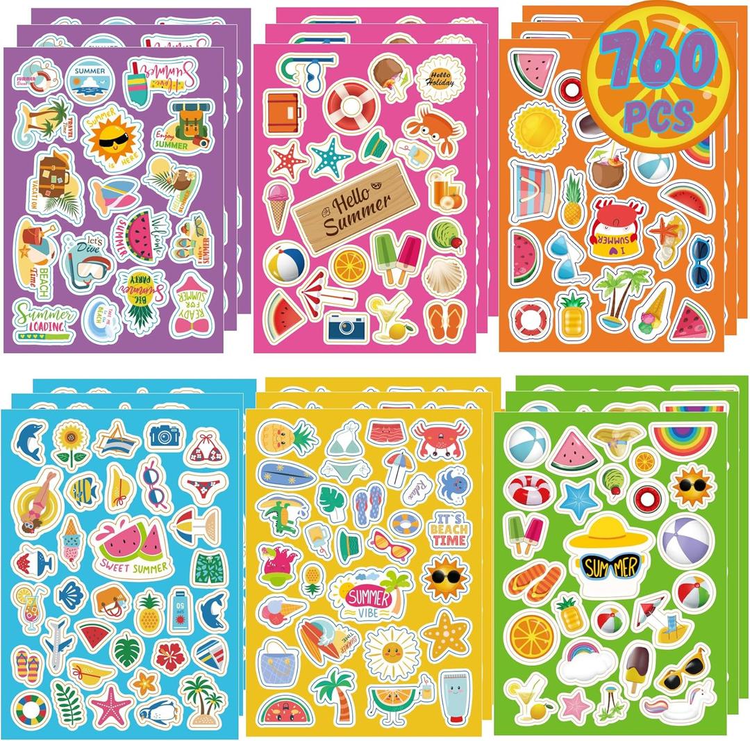Summer Stickers for Kids 760PCS Hawaiian Stickers Vacation Stickers 3D Beach Sticker Ice Cream/Coconut Tree Sticker for Scrapbooking Envelopes Cards Pool/Summer Party Favors