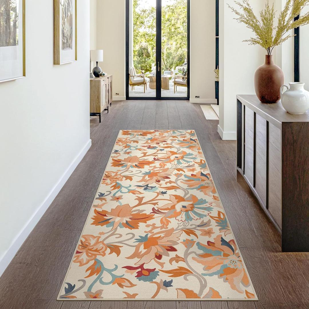 GENIMO Runner Rug for Hallways Machine Washable, 2x10 Non Slip Boho Vintage Lightweight Washable Runners, Thin Floor Rugs for Entryway Hallway Bathroom Laundry Room Corridor, Beige