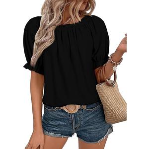 Womens Tops Off The Shoulder Blouses for Women Dressy Casual Cute Puff Sleeve T Shirts Fashion 2025, Black,  XL