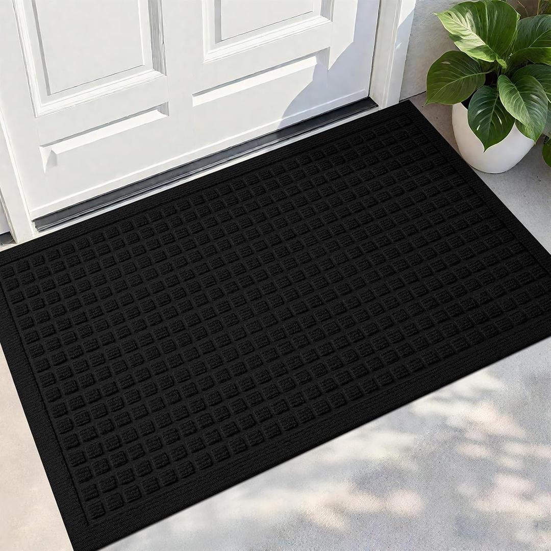 PLEASOR Front Door Mat Indoor Outdoor Entrance, Dirt Resistant and Absorbent Doormat, Sturdy Non-Slip Backing Entry Mat, Fade Resistant, Easy Clean Low-Profile Entryway Mat, 36x24, Black