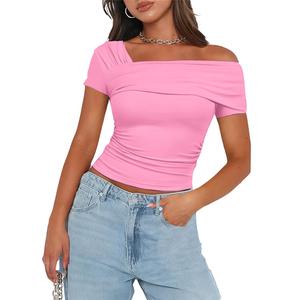 Women's Off The Shoulder Crop Top Asymmetrical Tshirt Pink S (Pink, S)