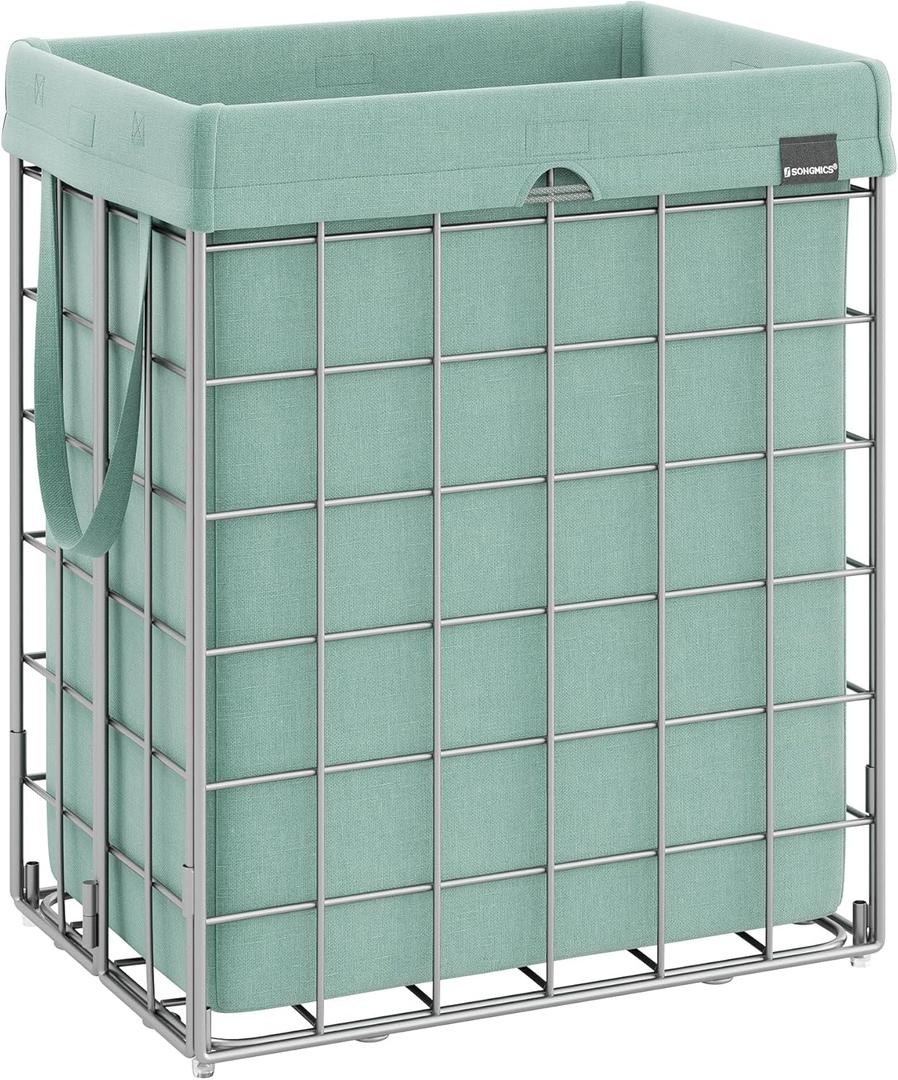 SONGMICS Laundry Hamper, 23.8 Gal. (90L) Laundry Basket, Collapsible Clothes Hamper, Removable and Washable Liner, Metal Wire Frame, for Bedroom Bathroom, Silver and Mint Green ULCB190C01