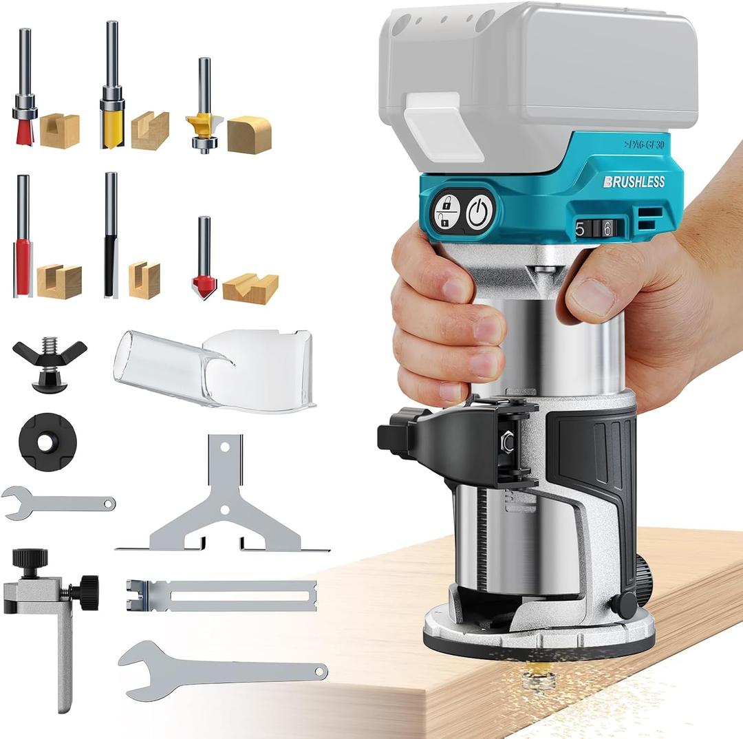 Cordless Router Tool Compatible with Makita 18V Battery(Tool Only), 800W Brushless Wood Router, 6-Speed Control, Depth Adjustment, Edge & Roller Guide, Router Bits Included (NO BATTERY)