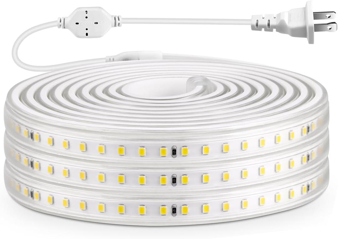 AIMENGTE LED Strip Lights Outdoor Waterproof, 600 LEDs, 6500K Cool White, 16.4ft LED Rope Lights for Bedroom, Kitchen, Garden, Patio, Indoor Christmas Decoration, AC 110V