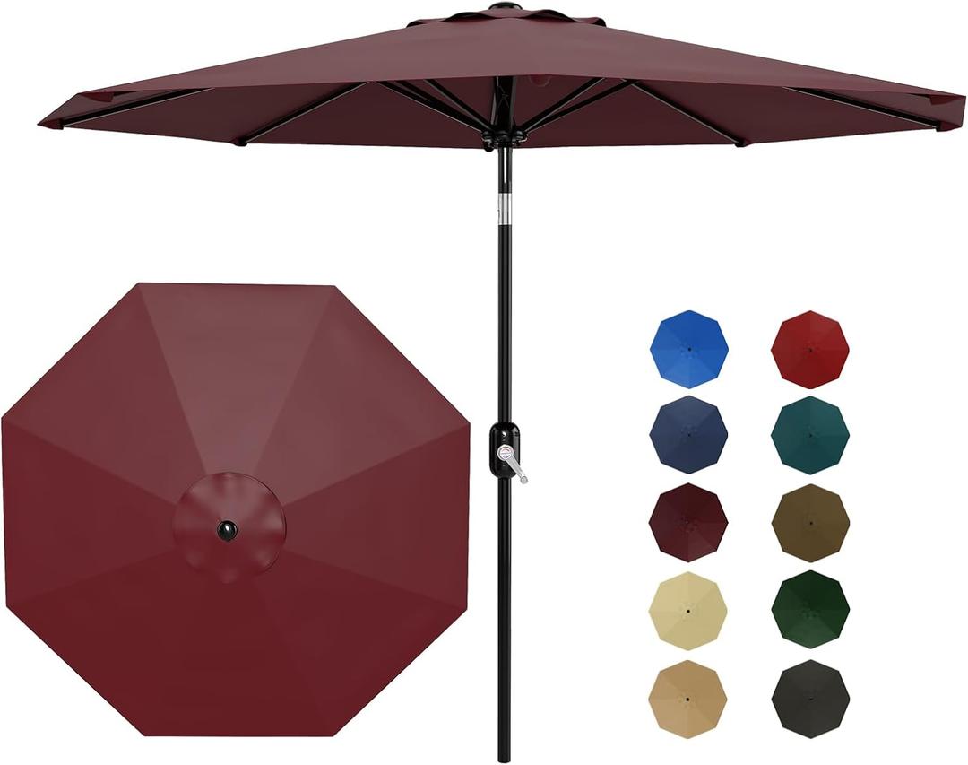 9Ft Patio Umbrella - 8 Sturdy Ribs Outdoor Table Umbrella with Crank Lift & Push Button Tilt - Market Umbrella for Pool, Deck, Yard, Garden - Dark Red