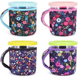 4Pack Reusable 24oz Ice Cream Sleeves with Handle, Neoprene Insulated Sleeves for Ninja Creami NC501, NC500 Series Deluxe Ice Cream Maker Containers(Flower)