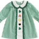 Little Kids Toddler Girl St Patricks Day Dress Clover Embroidery Smocked Plaid Ruffle Dress Irish Spring Dresses (5-6 Years, Green 5)