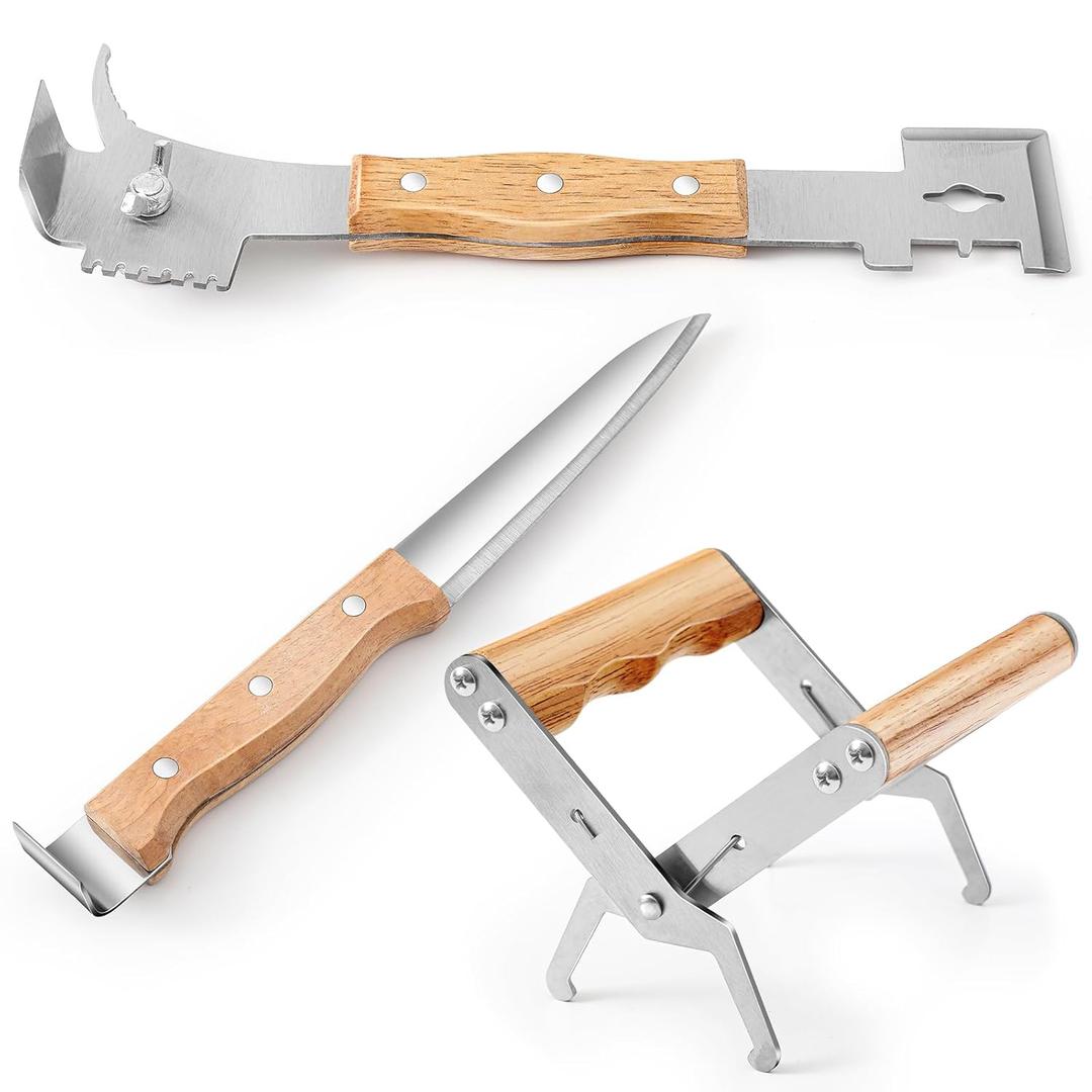 Beekeeping Tools Set of 3 Include Multipurpose Steel Serrated Uncapping Knife 7 Functions Beekeeping Hive Scraper and Frame Gripper with Wooden Handle Stainless Steel Beekeeping Equipment