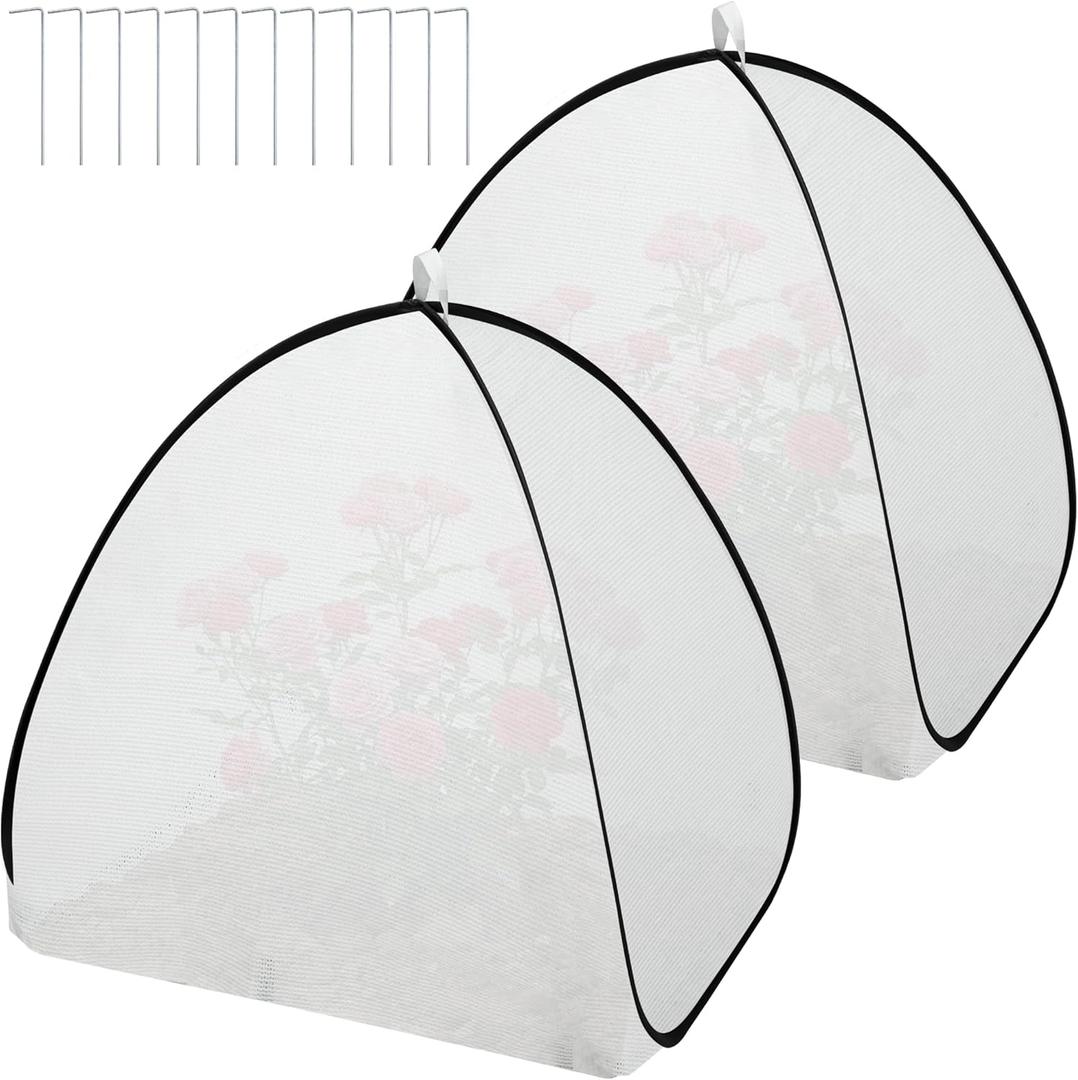 DECOHS 2 Pcs White Pop Up Plant Shade Cover Tent, 22 x 22 x 22 Inch Garden Sunshade Cloth Sun Protection Tent, 60% Sunblock Plant Cover Net with Stakes for Outdoor Plants Flower Potted