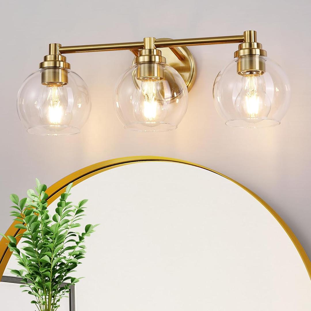 Upgrade 3-Light Bathroom Light Fixtures, Modern Vanity Light with Globe Glass Shade, Brushed Gold Bathroom Lights Over Mirror, Vanity Lights for Bathroom Bedroom Kitchen Hallway Living Room