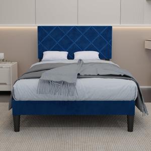 Twin Bed Frames with Adjustable Headboard,Diamond Velvet Upholstered Platform Bed,Single Bed with Strong Metal Slat Support,Mattress Foundation,No Box Spring Needed,Easy Assembly.Blue