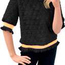 Fisoew Womens Quilted Pattern Cropped Sweatshirts Casual Crewneck Half Lantern Sleeve Textured Ruffle Loose Pullover Tops