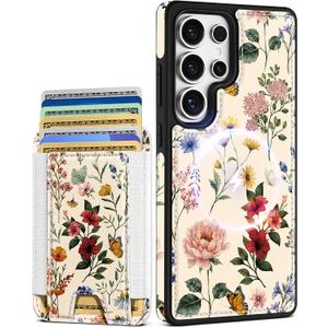 Shorogyt for Samsung Galaxy S25 Ultra Cute Kawaii Leather Phone Case - Compatible with Magsafe Wallet Magnetic Credit Card Holder Fashion Retro Flower Design Phone Cover for Women Girls, Fits 7 Cards