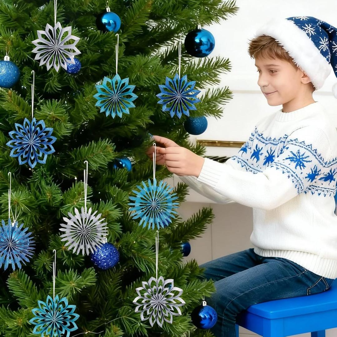 2 x Paper Jazz Blue Ornaments for Christmas Tree, 9pcs White Paper Snowflake Hanging Decorations,3D Navy Blue Christmas Decoration Indoor Outdoor for Xmas Party New Year Porch Winter Wonderland.