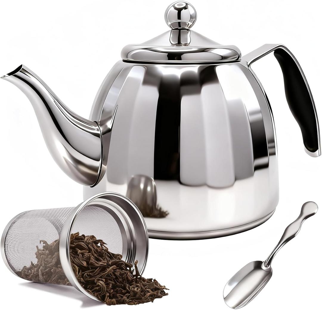 Stainless Steel Tea Pot with Removable Infuser - Loose Leaf Tea Maker, Home & Kitchen Teapot - Large 67.6 oz, Stovetop Safe Teapot for Tea/Coffee, Mirror Finish (2000ml)