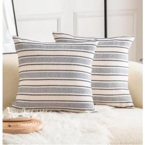 Decorative Boho Throw Pillow Covers, Farmhouse Textured Pillow Case, 20 x 20 Inch Set of 2, Chair Sofa Bedroom Living Room Decor Couch Cushion Case, Navy Blue and Beige Striped