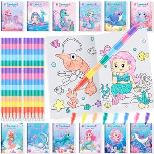 BenLouis 12 Mermaid Mini Coloring Books Kids with 12 Stacking  Safari Animals Theme Party Favors Small Activity Books Bulk for Kids Ocean Birthday Party Gift Goodie Bag Stuffers