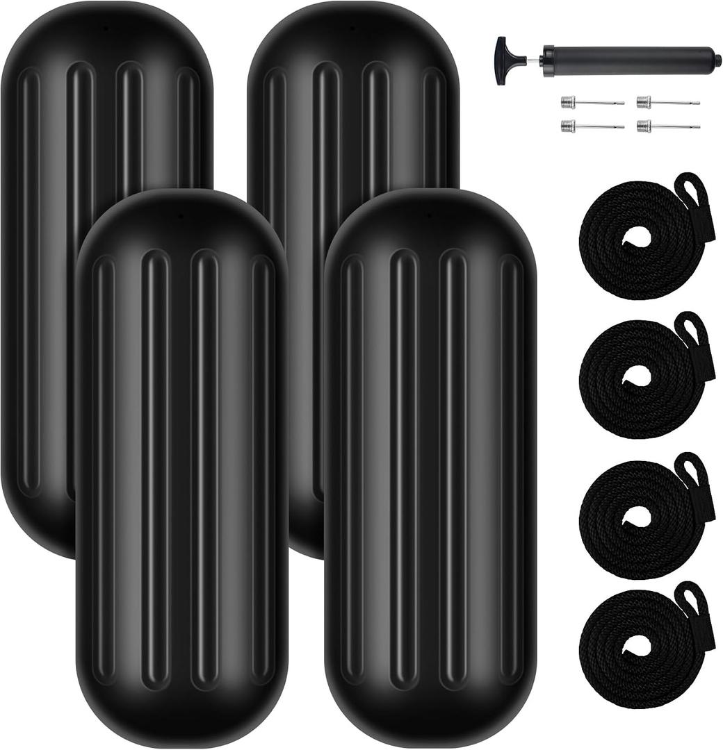 Boat Fenders 4 Pack 10x26Inch,Ribbed Center Hole Boat Fenders for Docking,Boat Bumpers Fenders Pontoon Boat Bumpers for Docking,Inflatable Boat Bumpers Comes with Rope Needle and Pump, 10 x 26 inch, Black