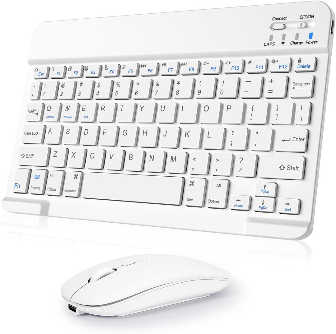 Wireless Keyboard and Mouse Combo, Rechargeable Bluetooth Keyboard & Mouse with 2.4 GHz Wireless USB Receiver, Compatible with iPad, Smartphone, PC, Laptop, Windows/iOS/Android, White