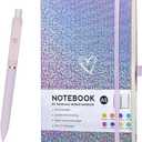 Bling A5 Notebook with Pen, Lined Journal Notebook A5 Notepad for Girls Women,Cute Heart Pattern Design Glitter Laser Diary College Ruled Hardcover Notebook for Work, School, Note Taking, Business (Purple)